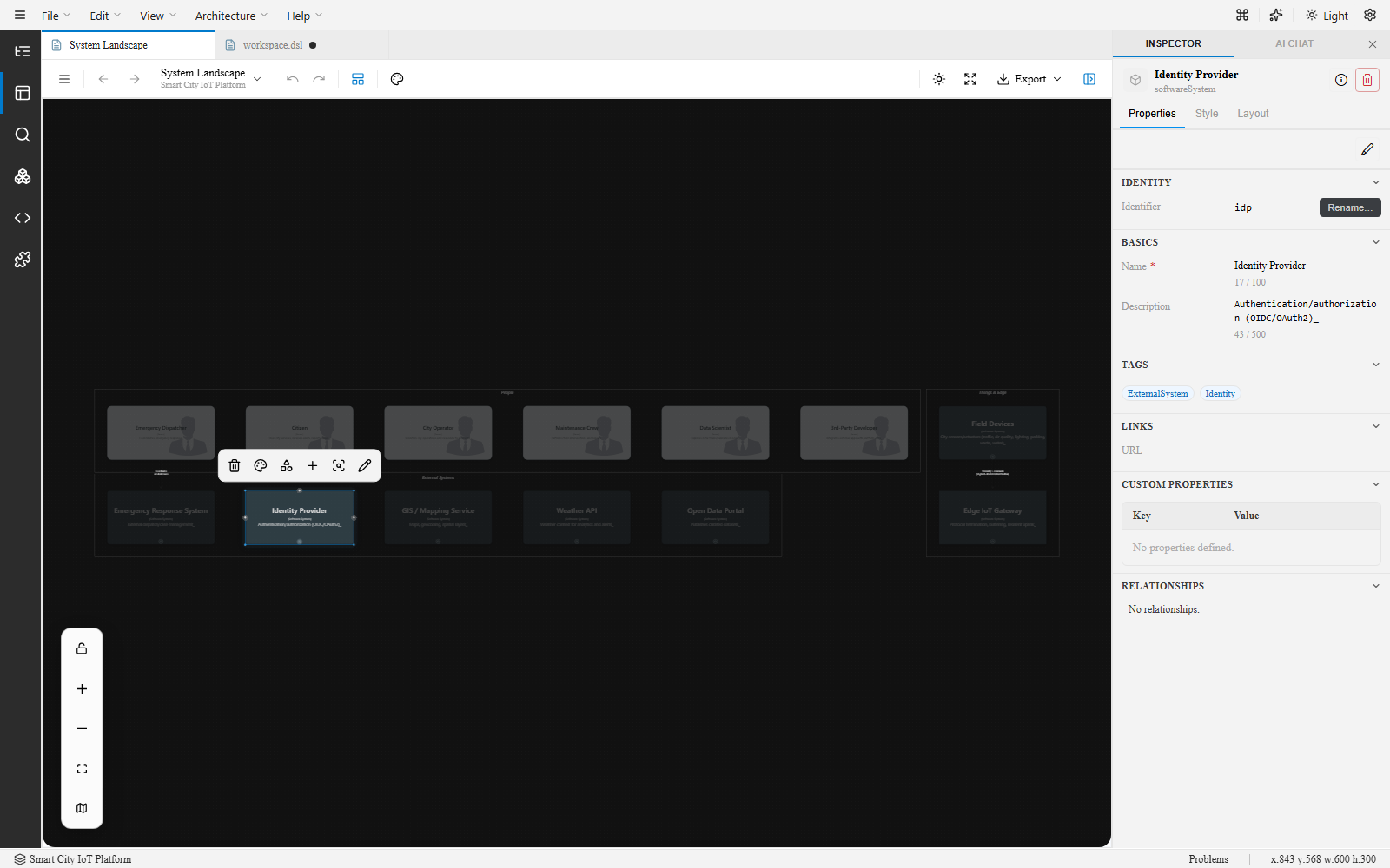 Canvas with an element selected, showing the floating action toolbar