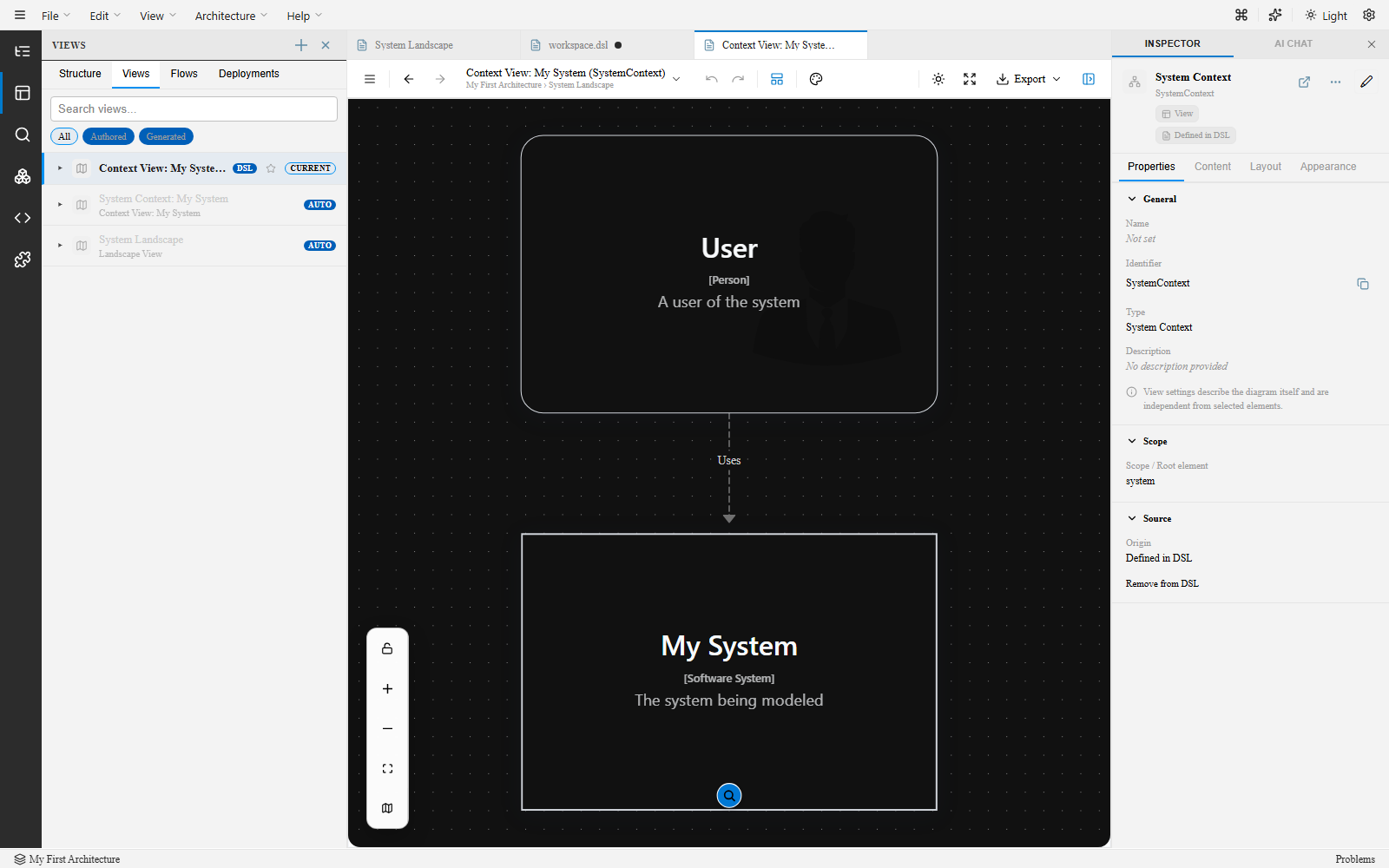 Context view showing User connected to My System via a “Uses” relationship