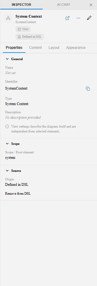 Inspector showing the System Context view’s properties, including “Defined in DSL” origin