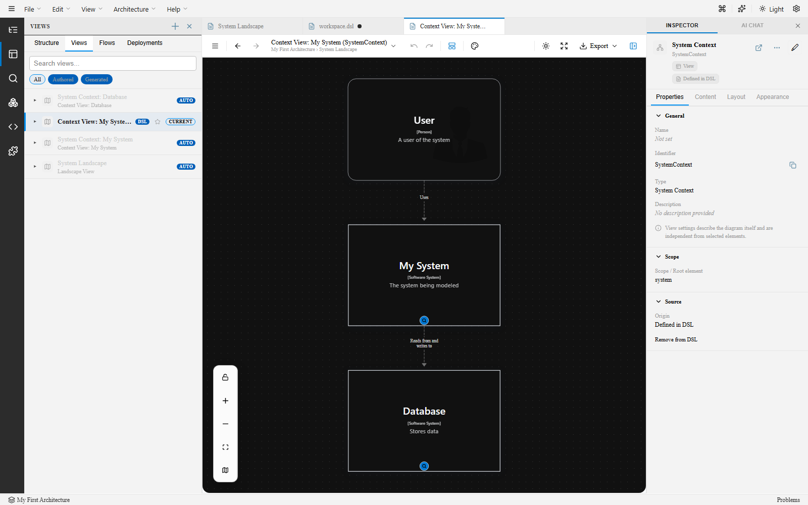 System Context view after adding a Database element and a “Reads from and writes to” relationship