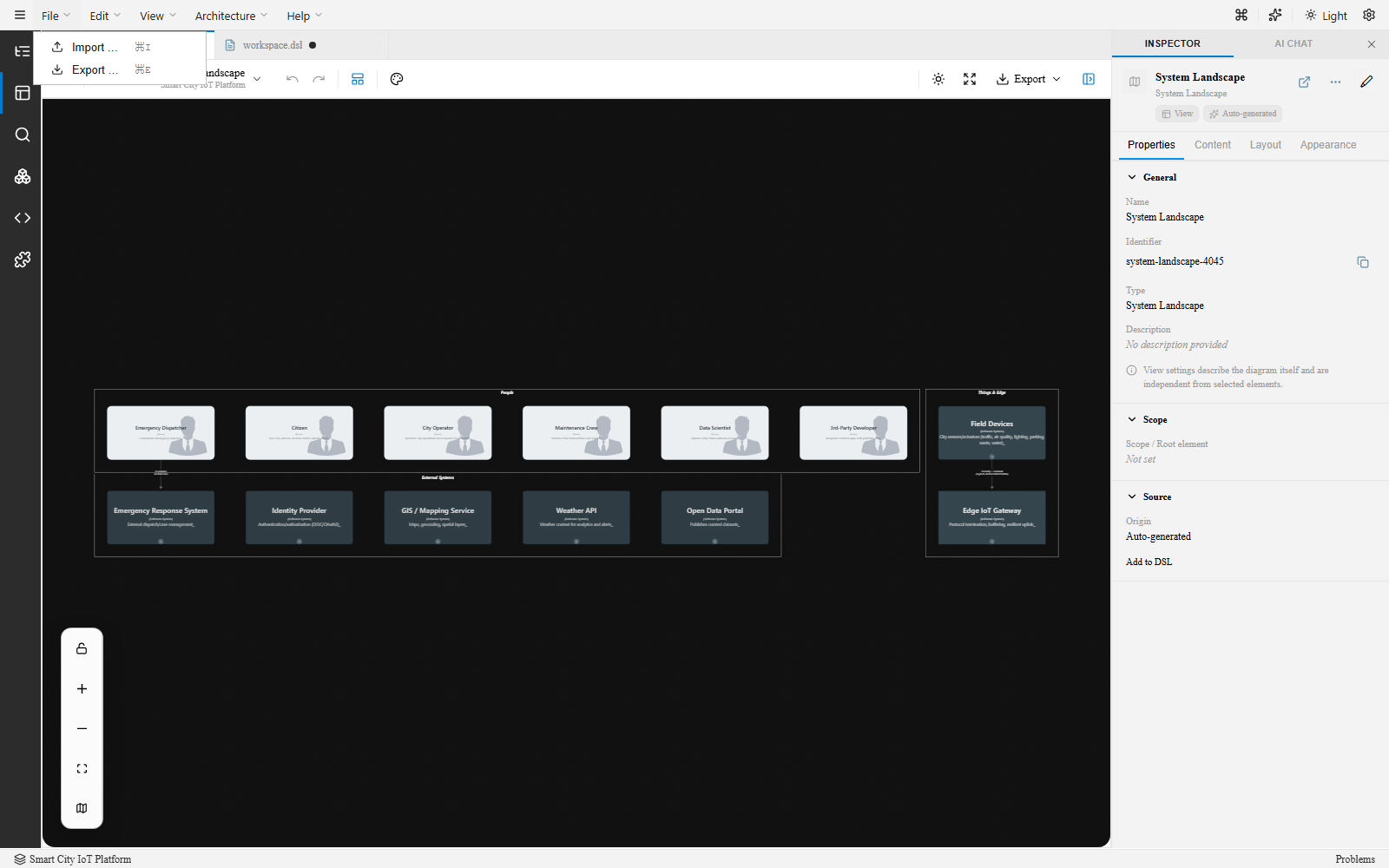 File menu open, showing Import and Export