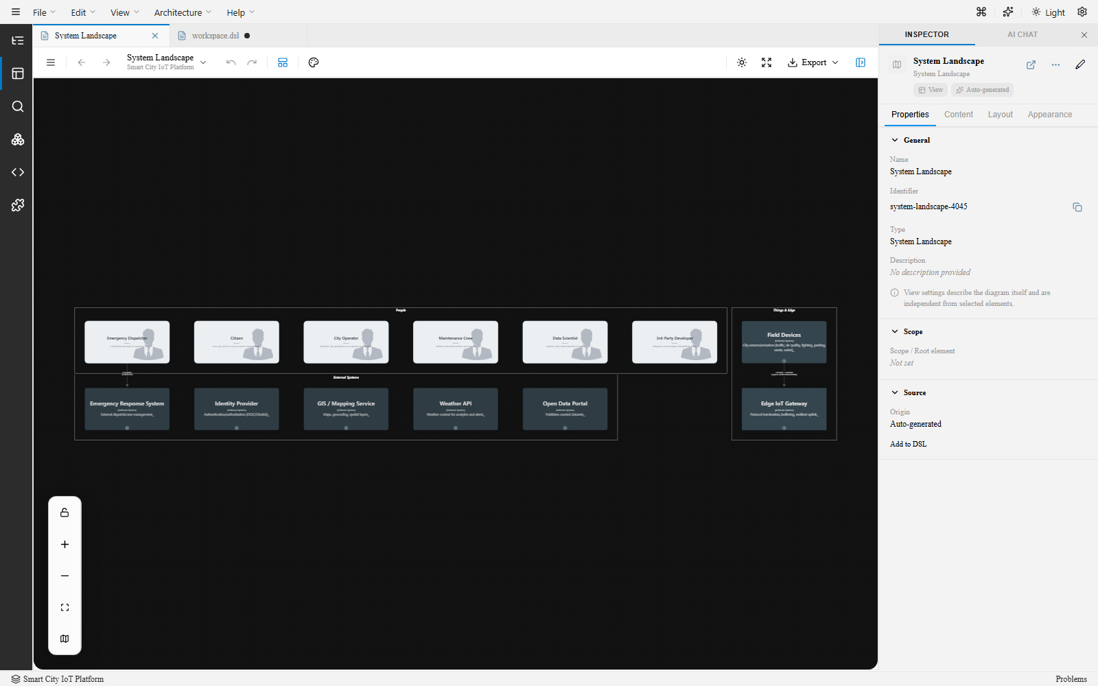 ArchTect browser app showing the three-panel layout with a populated System Landscape diagram