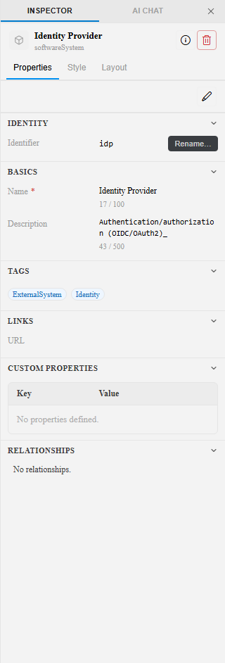 Inspector showing properties for a selected software system element