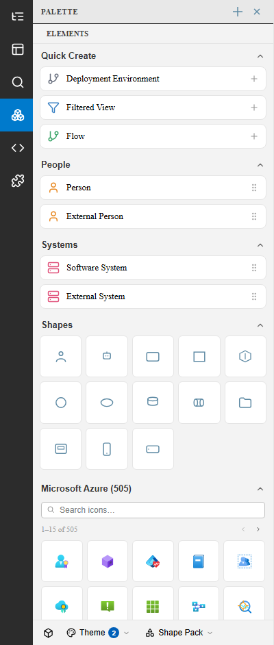 Palette panel showing Quick Create, element types, and an icon library